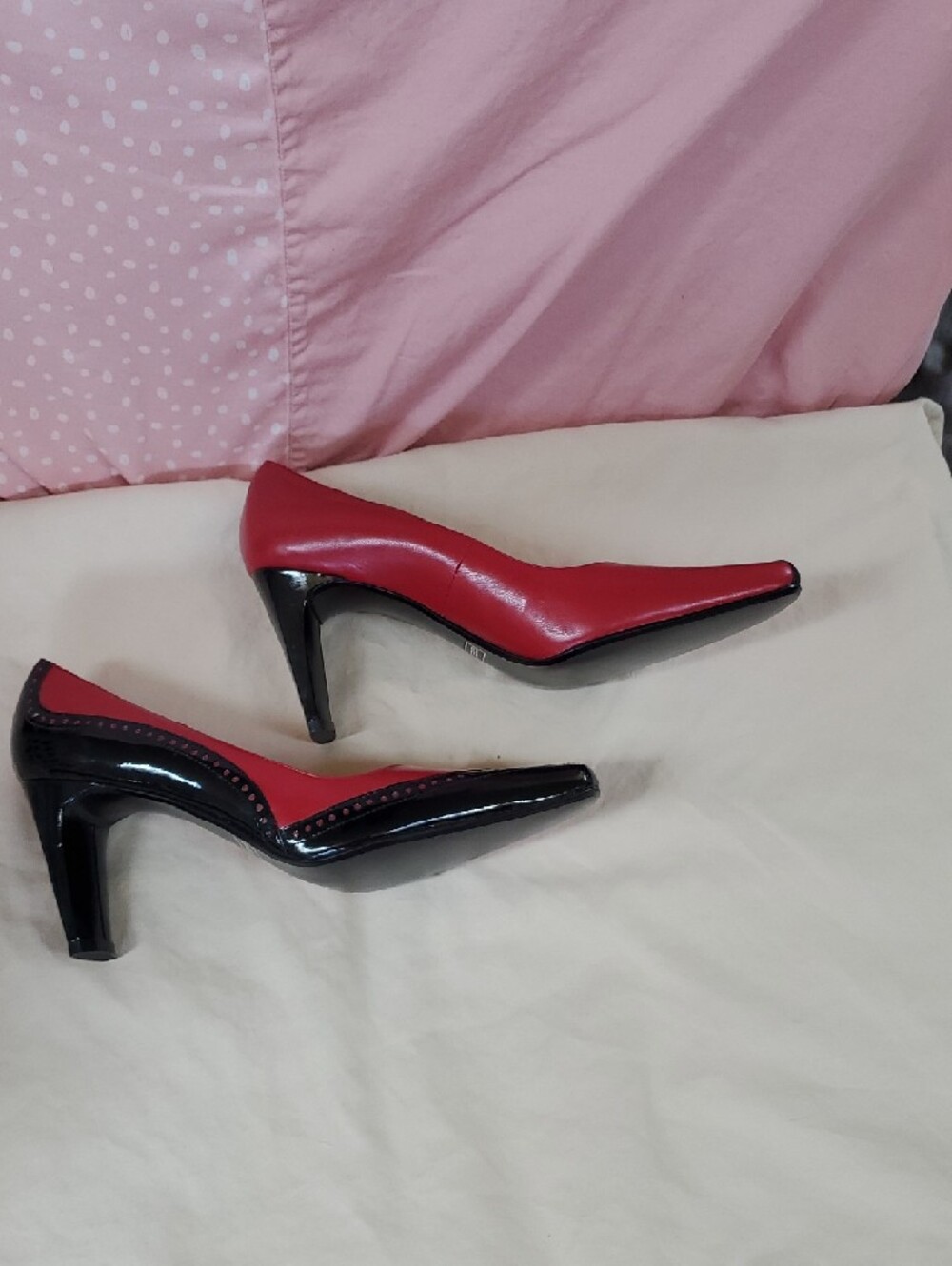Bellini Red and Black Pointed Toe Pumps with Stud Trim - Picture 8 of 9